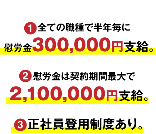 （1）全ての職種で半年毎に慰労金300,000円支給。 （2）慰労金は契約期間最大で2,100,000円支給。 （3）正社員登用制度あり。